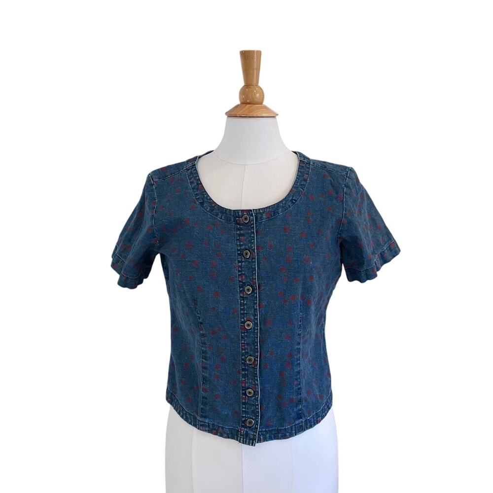 Requirements Blue Floral Linen Blend Button Down Short Sleeve Shirt, Cottage, MP